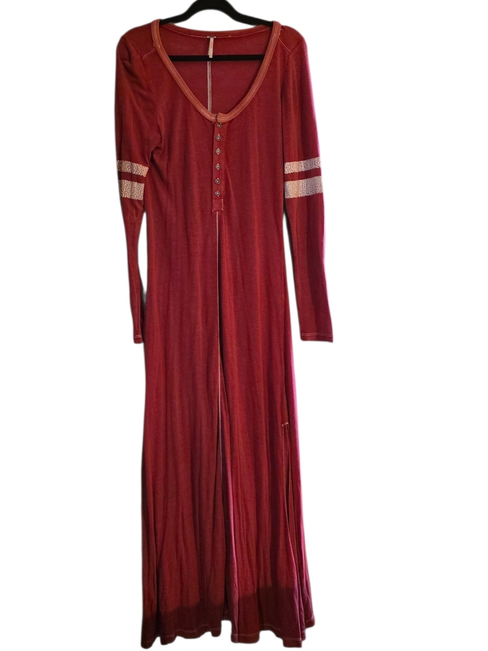 freepeople Long Burgundy Henley Maxi Dress with Striped Sleeve Detail "Drippy"